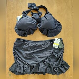 Kenneth Cole Reaction Black Halter Ruffle Triangle Bikini Skirted Bottom Set